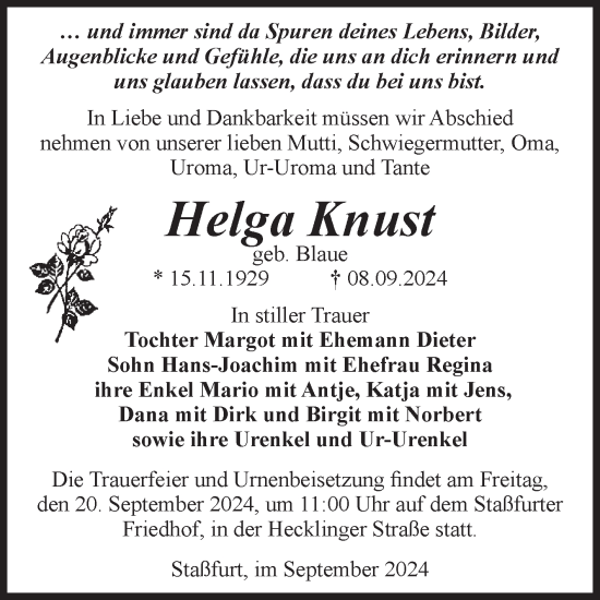 Traueranzeige von Helga Knust von Volksstimme Staßfurt