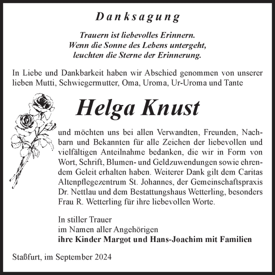 Traueranzeige von Helga Knust von Volksstimme Staßfurt