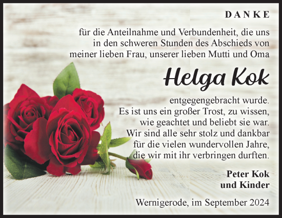 Traueranzeige von Helga Kok von Volksstimme Halberstadt