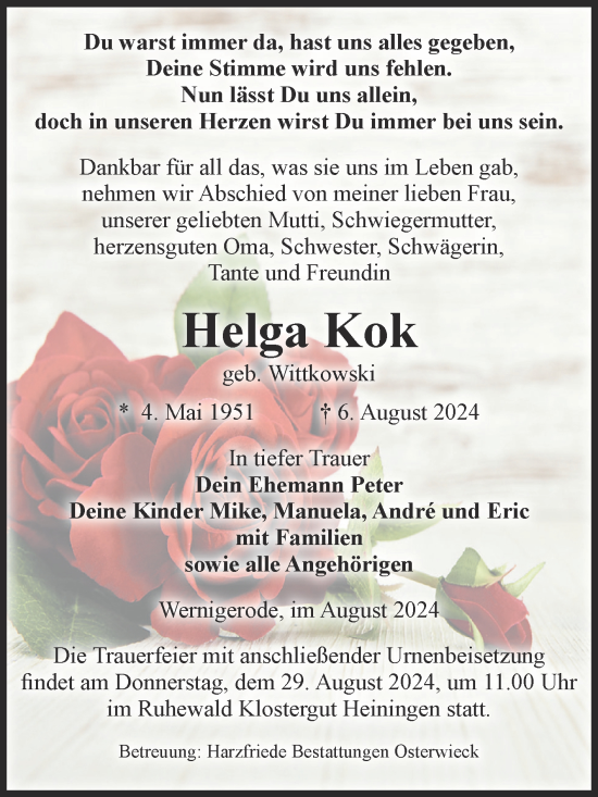 Traueranzeige von Helga Kok von Volksstimme Halberstadt