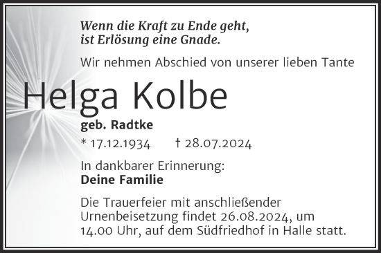 Traueranzeige von Helga Kolbe von Mitteldeutsche Zeitung Halle/Saalkreis