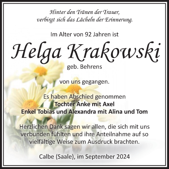 Traueranzeige von Helga Krakowski von Volksstimme Schönebeck