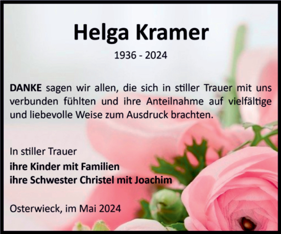 Traueranzeige von Helga Kramer von Volksstimme Halberstadt