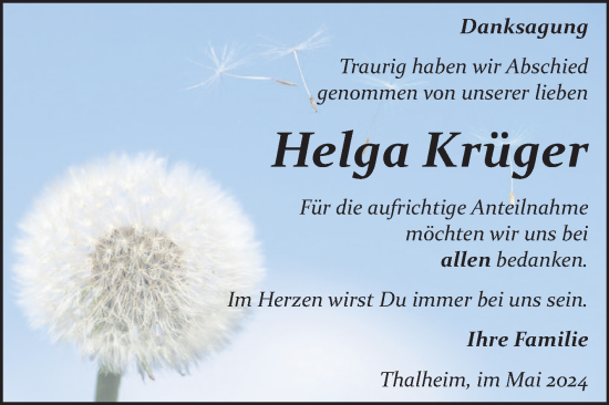 Traueranzeige von Helga Krüger von Trauerkombi Bitterfeld