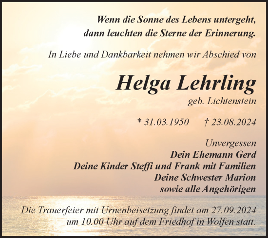 Traueranzeige von Helga Lehrling von Trauerkombi Bitterfeld
