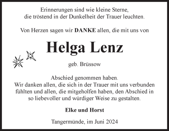 Traueranzeige von Helga Lenz von Volksstimme Altmark Ost