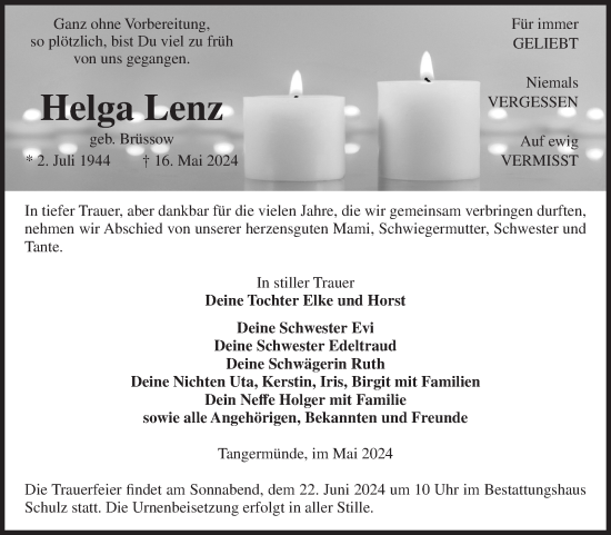 Traueranzeige von Helga Lenz von Volksstimme Altmark Ost