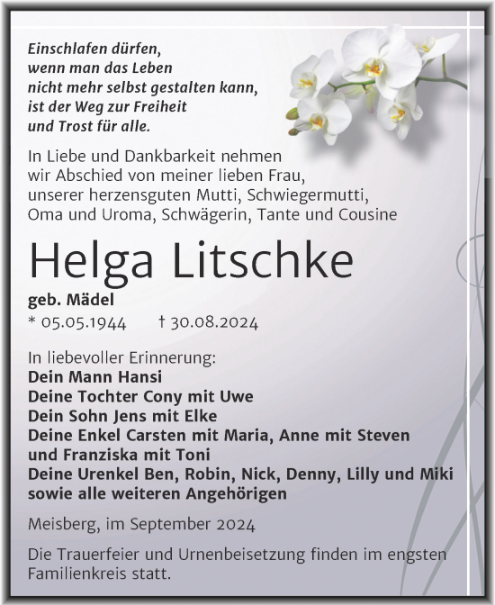 Traueranzeige von Helga Litschke von Trauerkombi Mansfelder Land