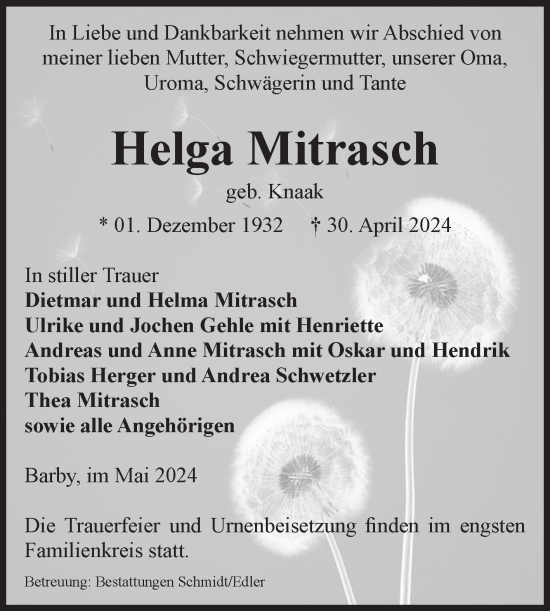 Traueranzeige von Helga Mitrasch von Volksstimme Schönebeck