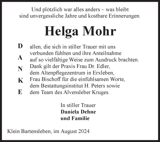 Traueranzeige von Helga Mohr von Volksstimme Haldensleben/Wolmirstedt