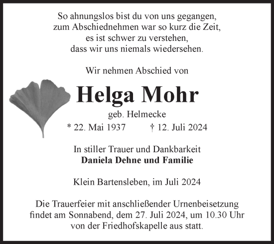 Traueranzeige von Helga Mohr von Volksstimme Haldensleben/Wolmirstedt