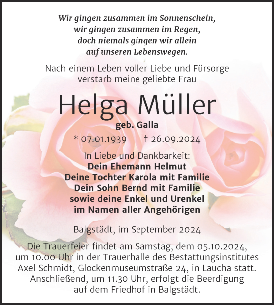 Traueranzeige von Helga Müller von Naumburger Tageblatt