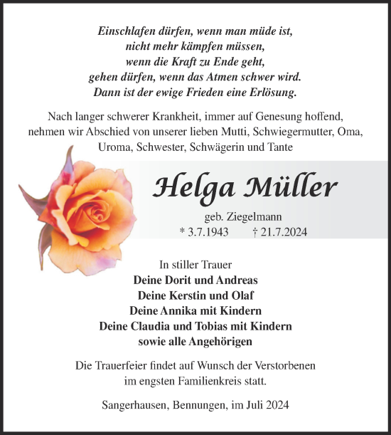 Traueranzeige von Helga Müller von Trauerkombi Sangerhausen