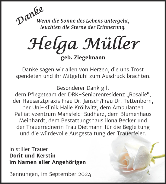 Traueranzeige von Helga Müller von Trauerkombi Sangerhausen