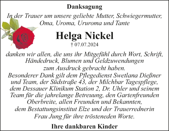 Traueranzeige von Helga Nickel von Trauerkombi Dessau