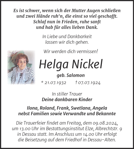 Traueranzeige von Helga Nickel von Trauerkombi Dessau