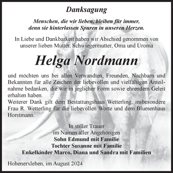 Traueranzeige von Helga Nordmann von Volksstimme Staßfurt