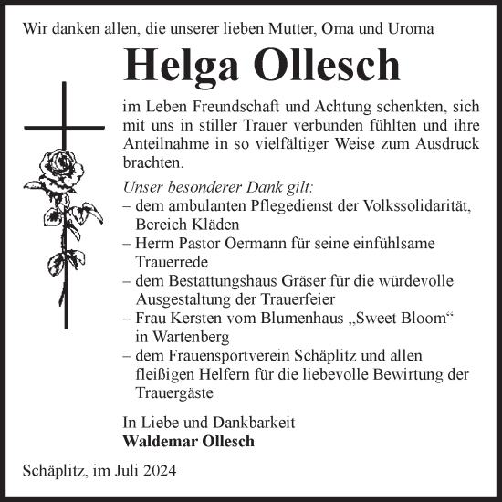 Traueranzeige von Helga Ollesch von Volksstimme Altmark Ost