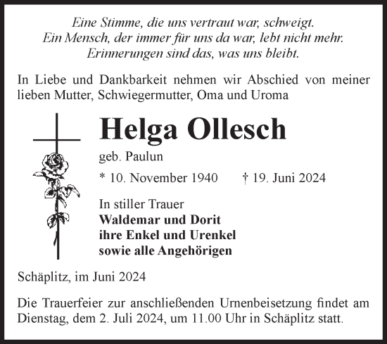Traueranzeige von Helga Ollesch von Volksstimme Altmark Ost