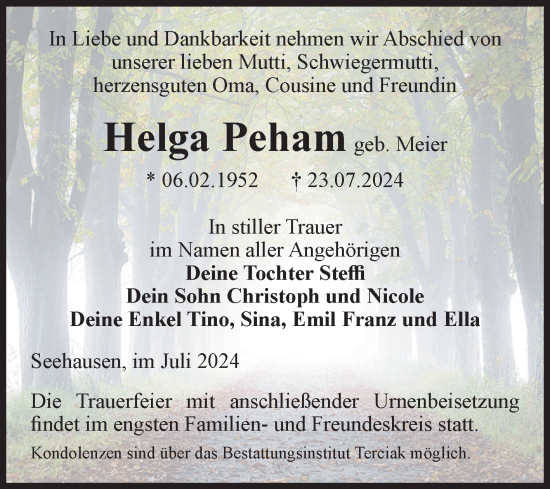 Traueranzeige von Helga Peham von Volksstimme Oschersleben/Wanzleben