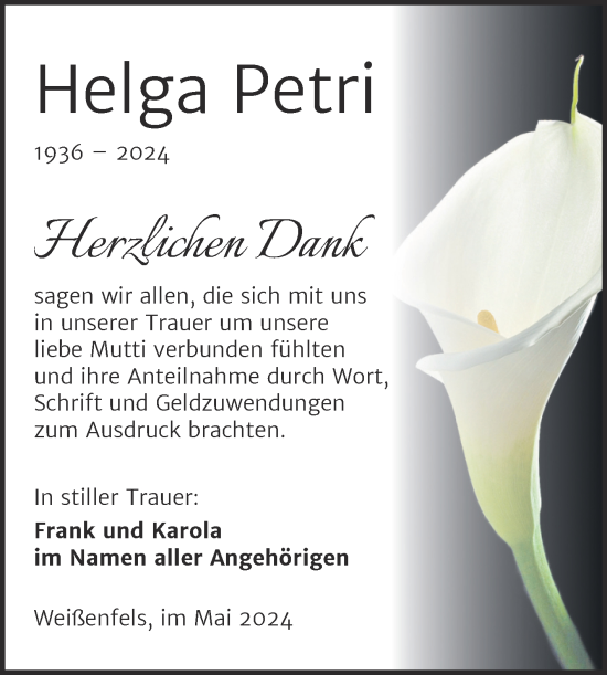 Traueranzeige von Helga Petri von Trauerkombi Weißenfels