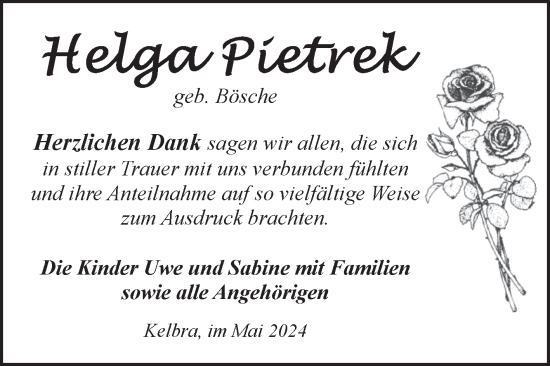 Traueranzeige von Helga Pietrek von Trauerkombi Sangerhausen