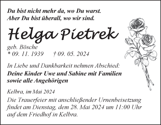 Traueranzeige von Helga Pietrek von Trauerkombi Sangerhausen