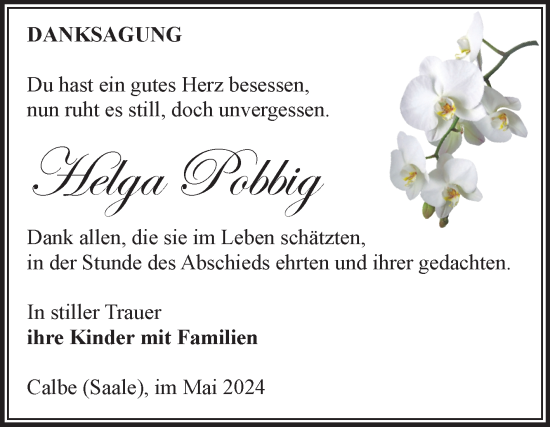 Traueranzeige von Helga Pobbig von Volksstimme Schönebeck