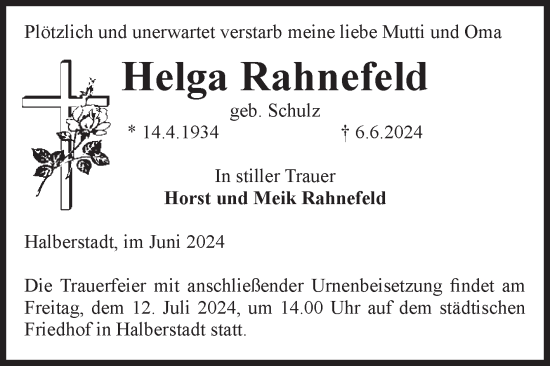 Traueranzeige von Helga Rahnefeld von Volksstimme Halberstadt