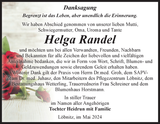 Traueranzeige von Helga Randel von Volksstimme Staßfurt