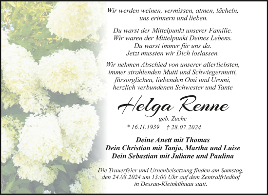 Traueranzeige von Helga Renne von Trauerkombi Dessau