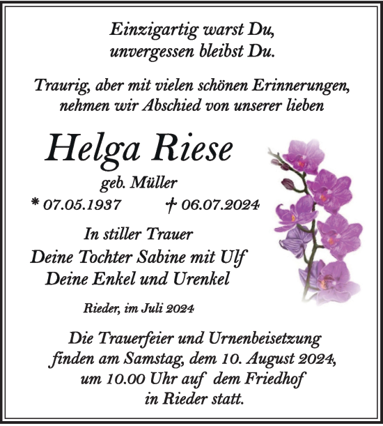 Traueranzeige von Helga Riese von Trauerkombi Quedlinburg