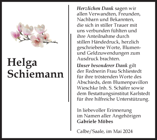 Traueranzeige von Helga Schiemann von Volksstimme Schönebeck