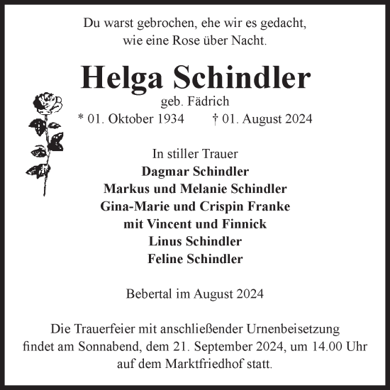 Traueranzeige von Helga Schindler von Volksstimme Altmark West
