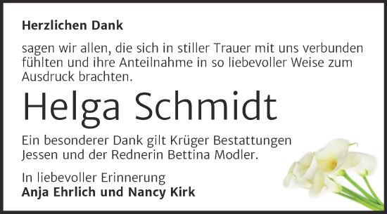 Traueranzeige von Helga Schmidt von Trauerkombi Wittenberg