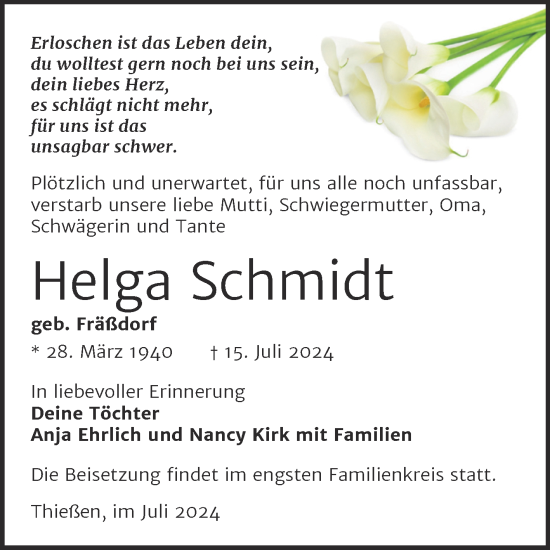 Traueranzeige von Helga Schmidt von Trauerkombi Wittenberg