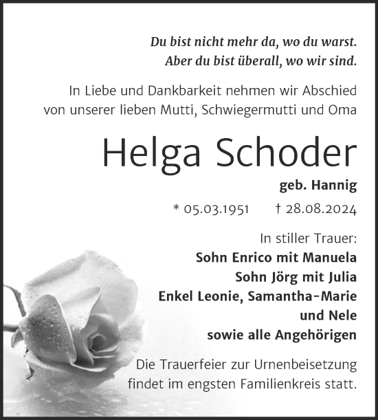 Traueranzeige von Helga Schoder von Trauerkombi Weißenfels
