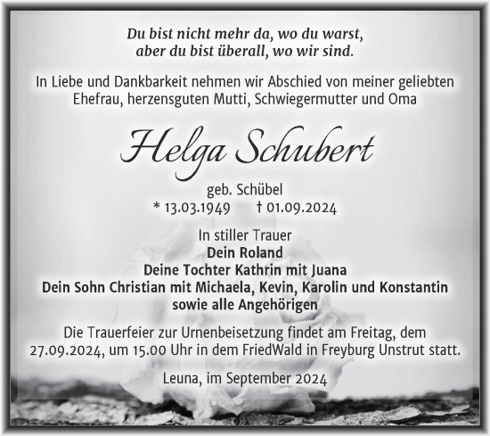 Traueranzeige von Helga Schubert von Trauerkombi Merseburg