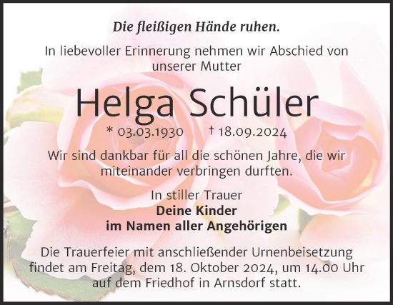 Traueranzeige von Helga Schüler von Trauerkombi Wittenberg