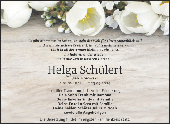 Traueranzeige von Helga Schülert von Trauerkombi Köthen
