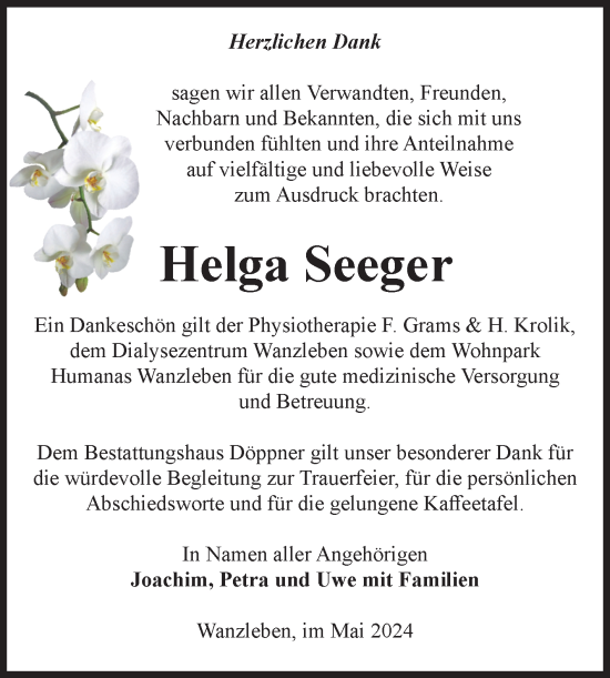 Traueranzeige von Helga Seeger von Volksstimme Oschersleben/Wanzleben