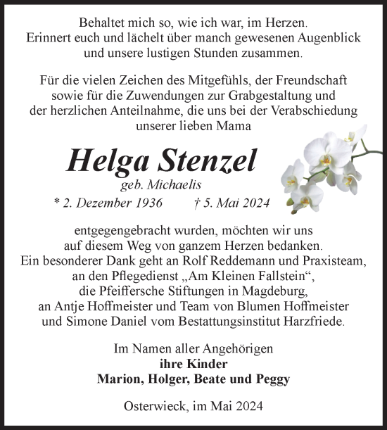 Traueranzeige von Helga  Stenzel von Volksstimme Halberstadt