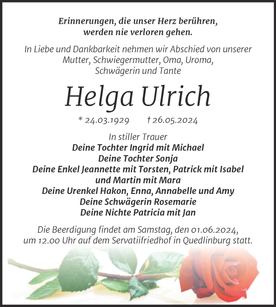 Traueranzeige von Helga Ulrich von Trauerkombi Quedlinburg