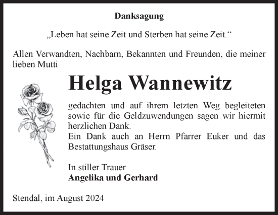 Traueranzeige von Helga Wannewitz von Volksstimme Altmark Ost