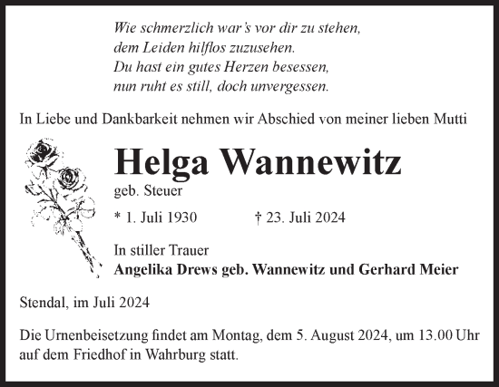 Traueranzeige von Helga Wannewitz von Volksstimme Altmark Ost