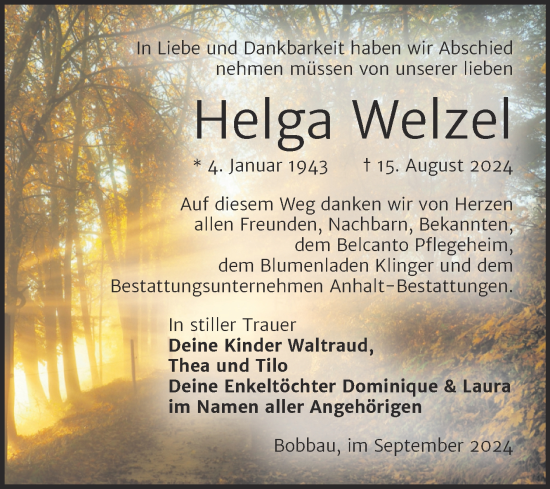 Traueranzeige von Helga Welzel von Trauerkombi Bitterfeld