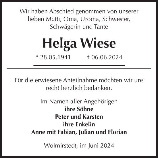 Traueranzeige von Helga Wiese von Volksstimme Haldensleben/Wolmirstedt