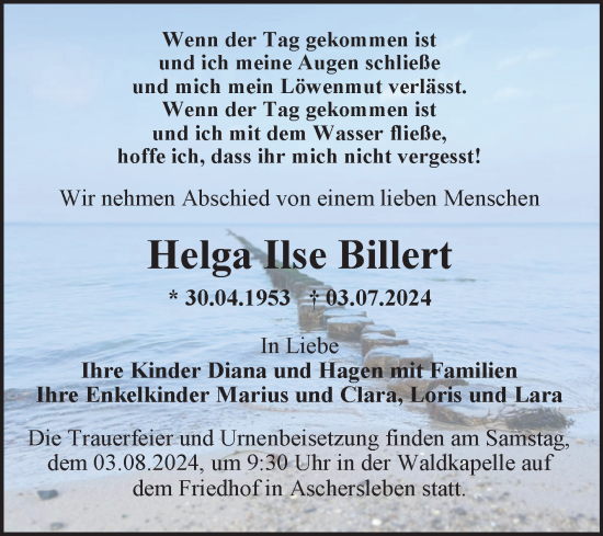 Traueranzeige von Helga Ilse Billert von Trauerkombi Aschersleben