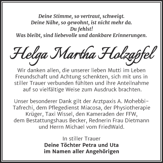 Traueranzeige von Helga Martha Holzapfel von Trauerkombi Sangerhausen