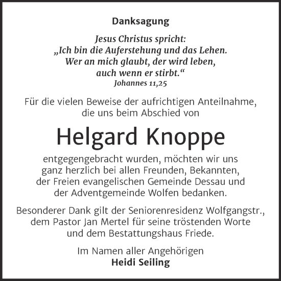 Traueranzeige von Helgard Knoppe von Trauerkombi Dessau